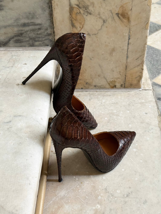 Arielle Brown Python-Embossed Pointed-Too Stiletto Heels