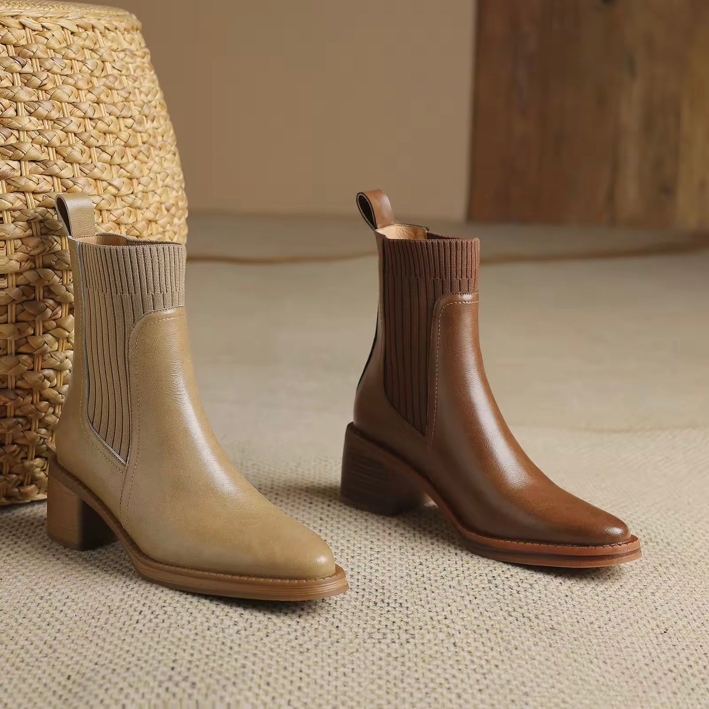Athaliah Brown Leather Knit Patch Boot