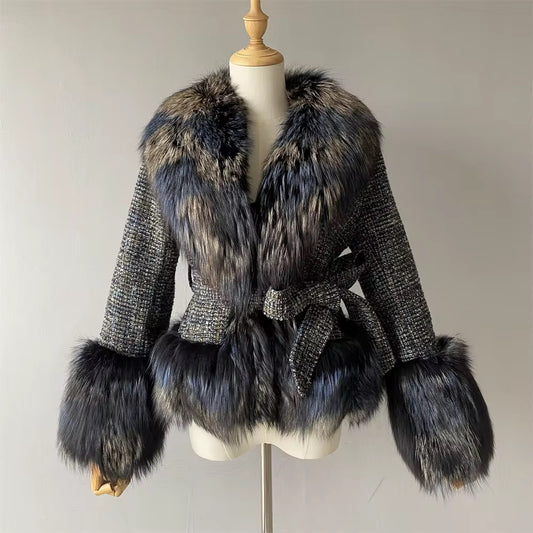Joanna Navy Blue Plaid Woolen Fur Coat
