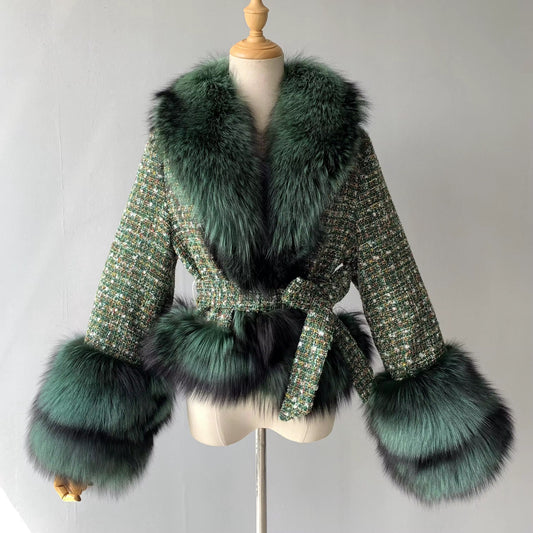 Joanna Green Short Plaid Woolen Fur Coat