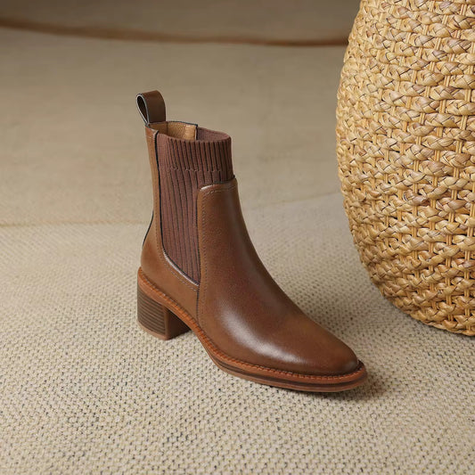 Athaliah Brown Leather Knit Patch Boot