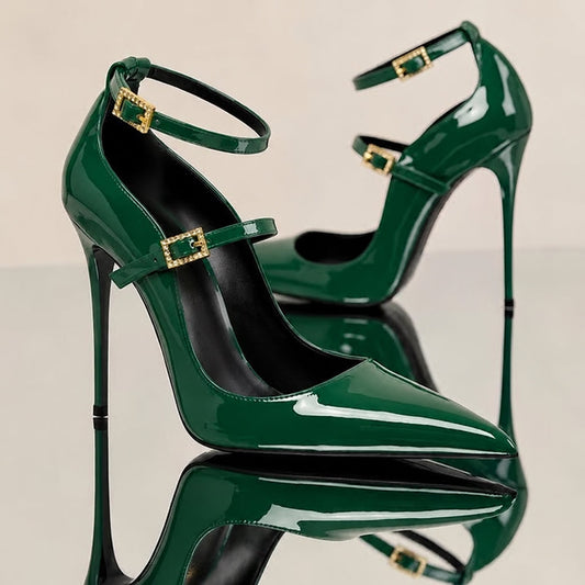 Amanda Emerald Green Patent Leather Double Strap Heels