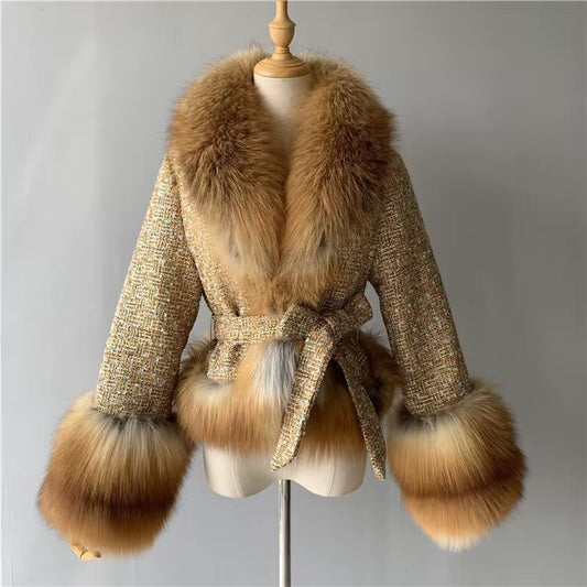 Joanna Gold Short Plaid Woolen Fur Coat