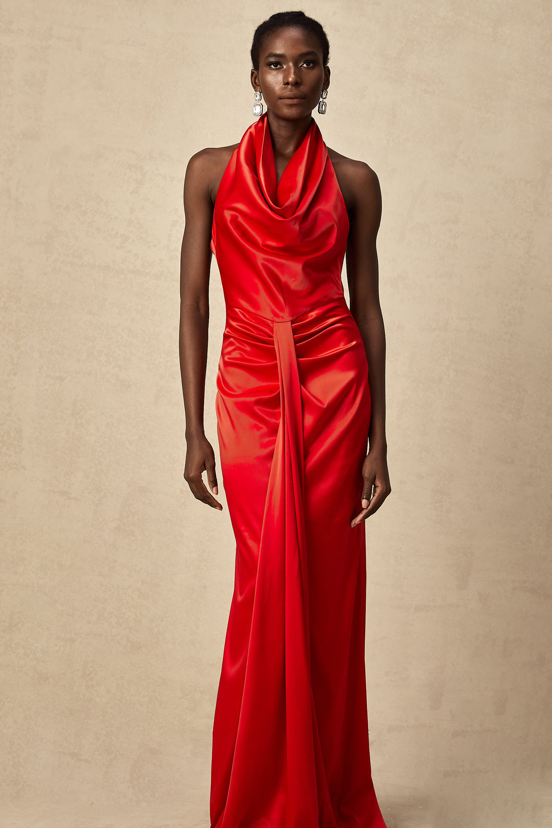 Chantelle Red Halter Neck Draped Satin Maxi Dress