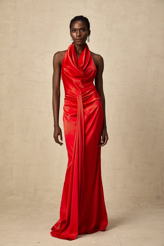 Chantelle Red Halter Neck Draped Satin Maxi Dress