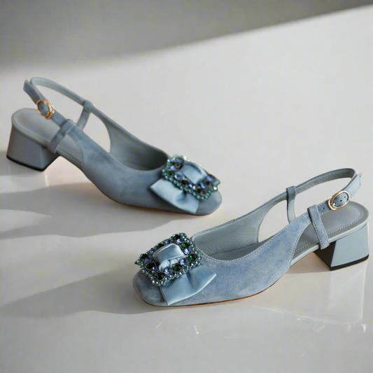Erica Blue Bow Natural Flock Slingback Sandals