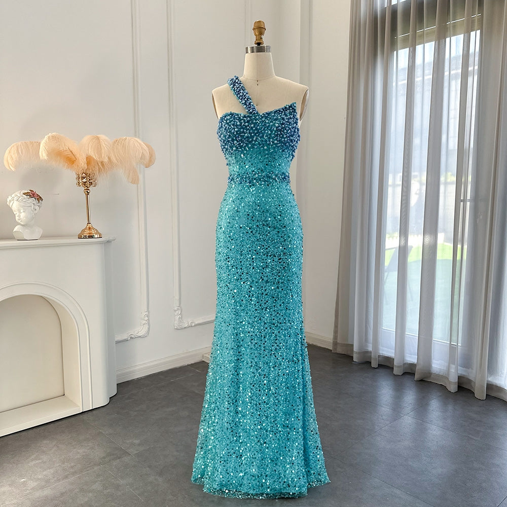 Amina Turquoise One Shoulder Mermaid Evening Dress