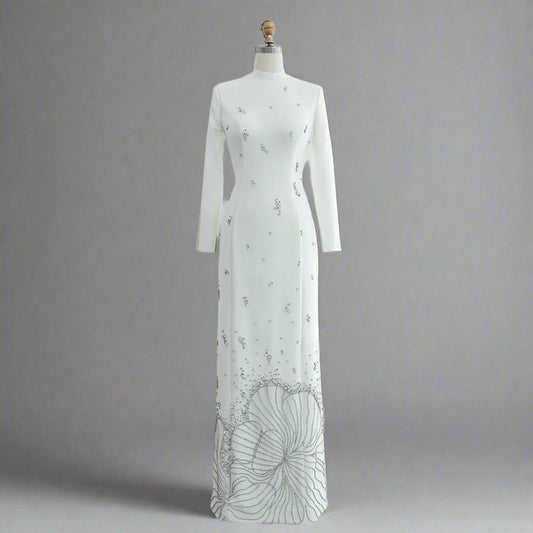 Ruby White Long Sleeved Diamond Maxi Dress
