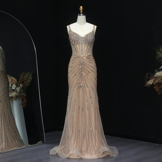 Leena Champagne Beaded Spaghetti Straps Mermaid Dress