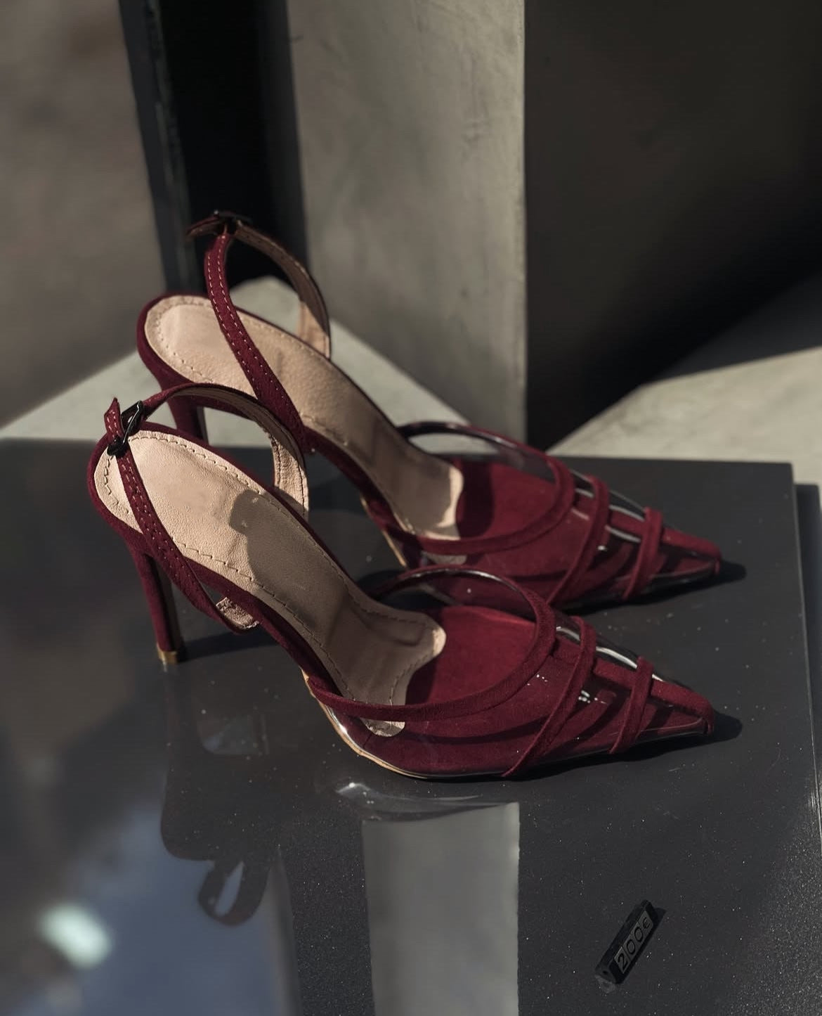 Khalidah Burgundy Slingback PVC Flock Leather Sandals