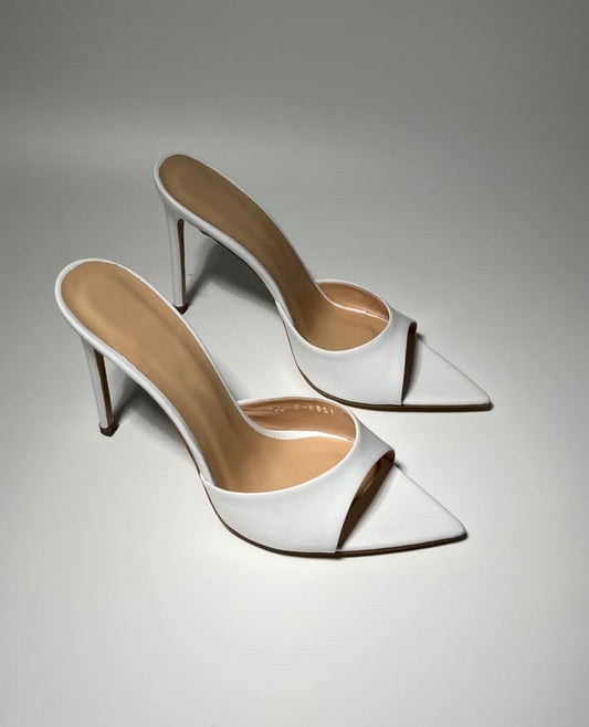 Kiki Matt White Pointed Open Toe Mules