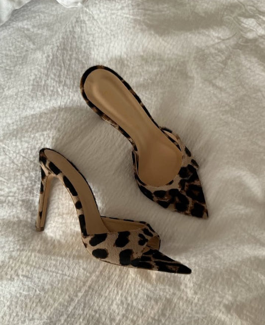 Kiki Leopard Flock Pointed Open Toe Mules