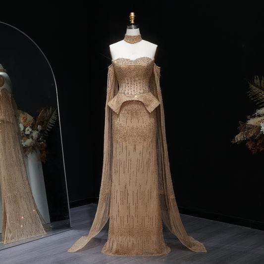 Beatha Crystal Evening Off-Shoulder Cape Dress