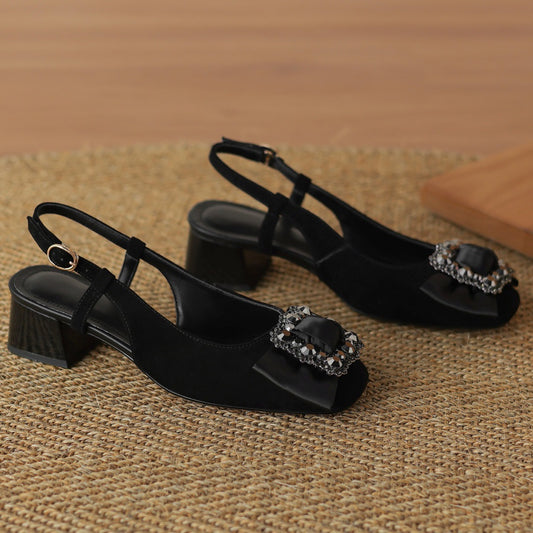 Erica Black Bow Natural Flock Slingback Sandals